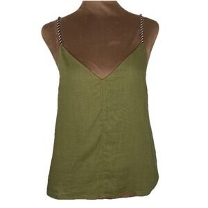 Vintage Y2K Olive Green Cami Top Sz 38 (6) Lined Linen- Braided Straps Boho